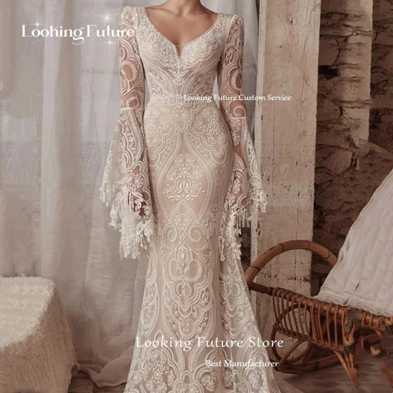 2026 Boho Mermaid Wedding Dresses Long Sleeve Pleat Sexy Lace Illusion Bridal Gown V-Neck Backless Zipper Sweep Train Customized
