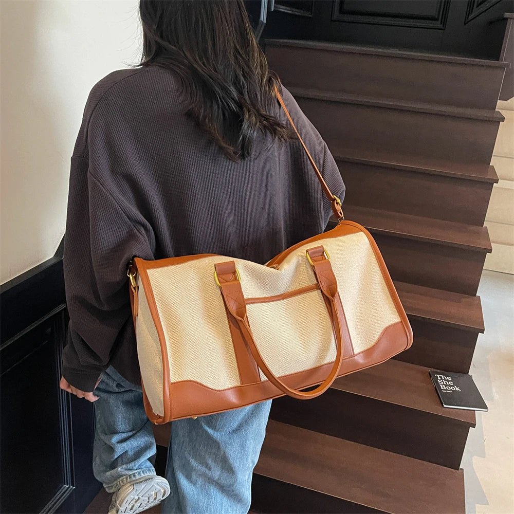 Oversized Travelling Handbags For Women Cotton Fabric Large Capacity Airplane Luggage Bag Simple Fashion Shoulder Crossbody Bags