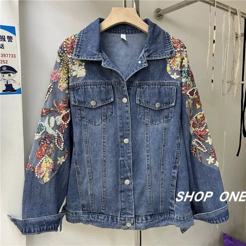 European and American style heavy industry embroidery splicing denim jacket 2025 new print loose casual denim women's jacket top