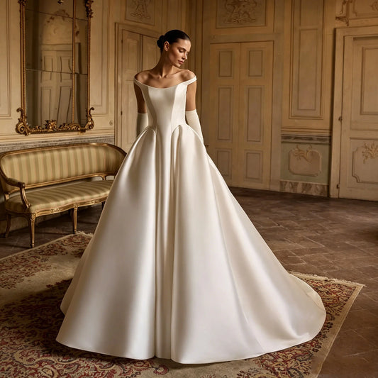 Minimalist Off Shoulder Satin Wedding Dress A Line Zipper Back Elegant Church Bridal Gowns For Women vestidos novias Customized