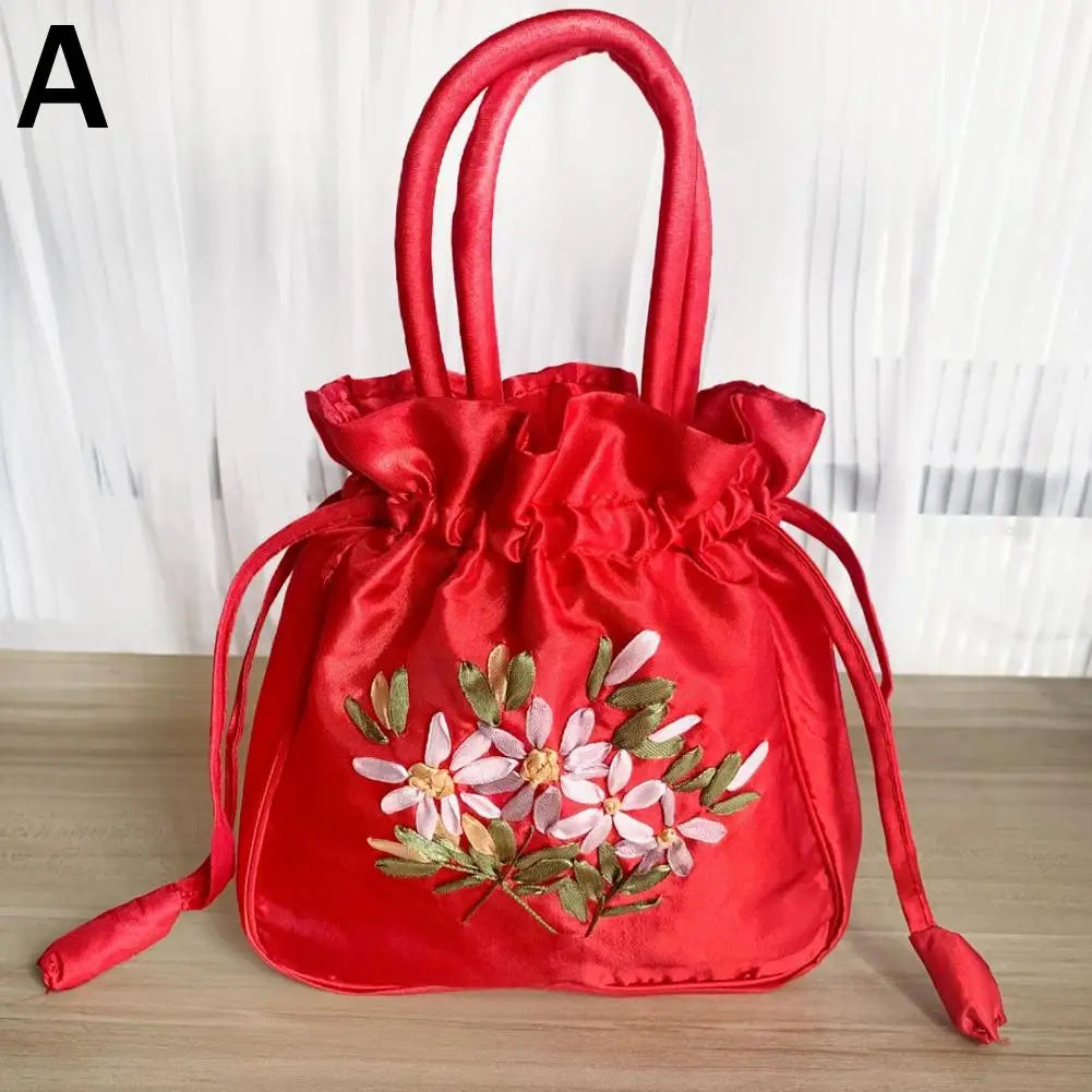 Women Bucket Bag Top Handle Ladies Handbag Phone Bag Summer Small Purse National Style Embroidered Flower Pattern Drawstring Bag