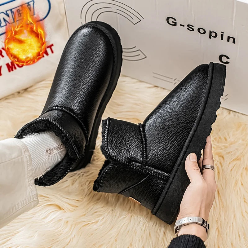 Couple Style Men's and Women's High-Top Leather Waterproof Snow Boots Plus Velvet Warm Boots and Cotton Shoes