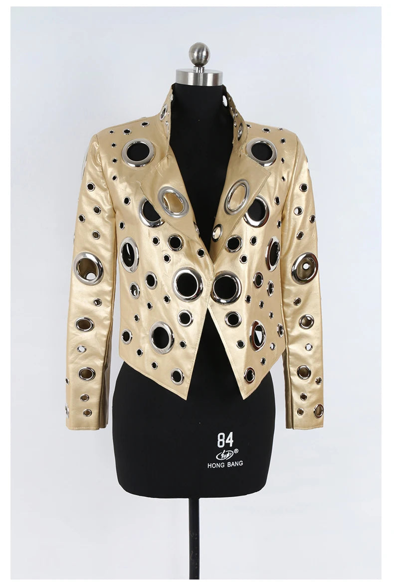 Nerazzurri Spring Autumn Short Hollow Out Pu Leather Jacket Women Rivet Cool Stylish Luxury Designer Clothes Runway Fashion 2024