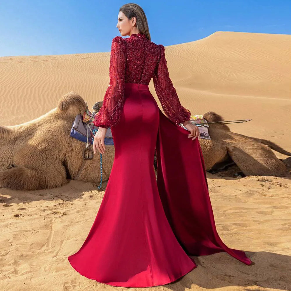 Elegant Muslim Wedding Evening Dress for Women with Detachable Skirt 2026 Pearls Mermaid Formal Prom Party Gowns Customized