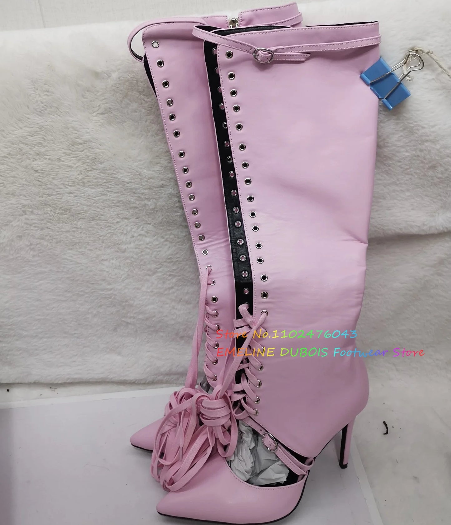 White Pointed Toe Lace Up Knee High Boot Women Summer New Sexy Hollow Buckle Strap Stiletto Heel Front Cross Tied Sandals