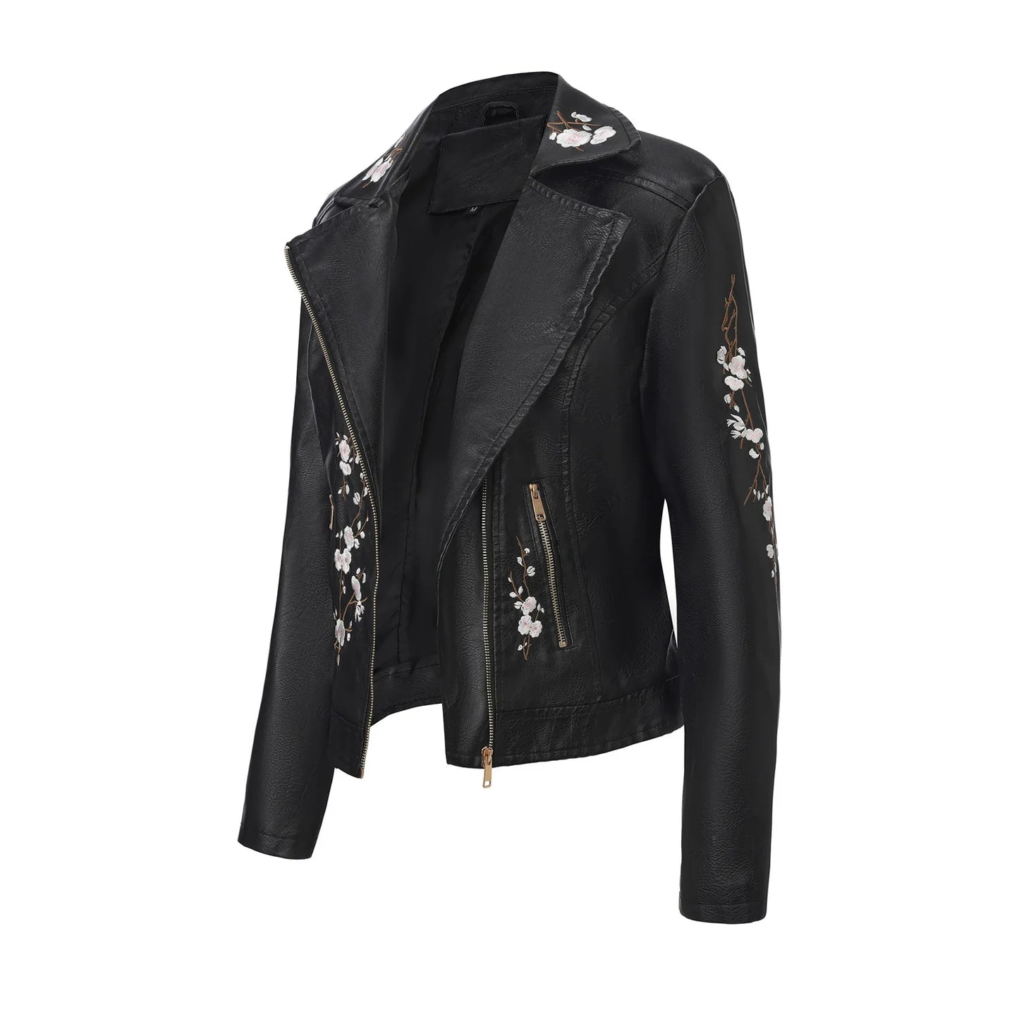 2026 New Women's Black Embroidered PU Jacket, Street-Style Brown Faux Leather Coat, Fashionable Beige Long Sleeves Top.