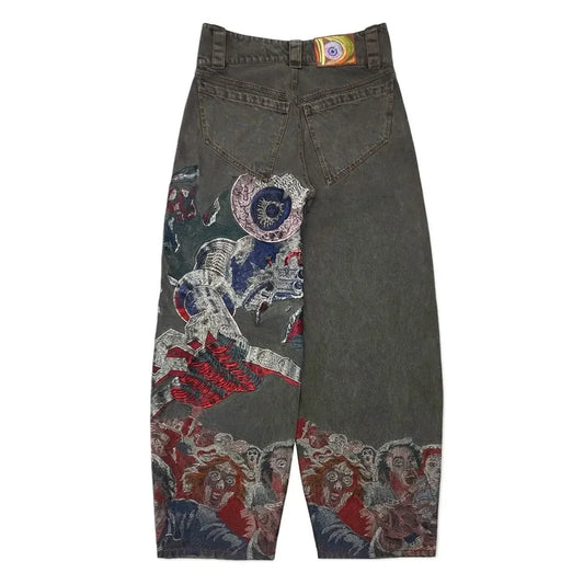 Retro Style Hip Hop Punk Embroidery Printed Baggy Jeans Y2k Jeans Men Heavy Craftsmanship Wide Leg Pants Goth Ripped Jeans Hot