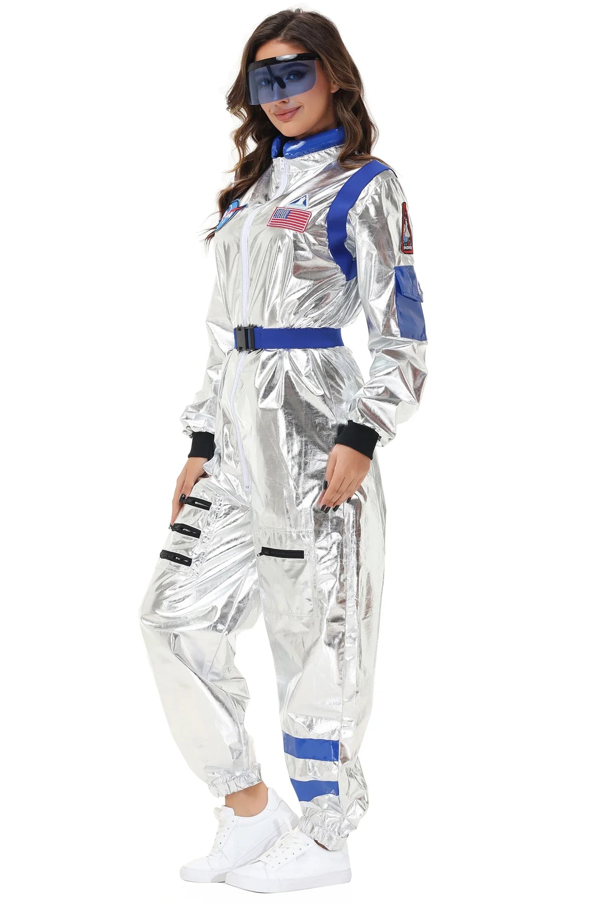 Adults Silver Astronaut Costume Space Suit Men Women Couple Jumpsuit Cosplay Halloween Carnival Party Dress Up