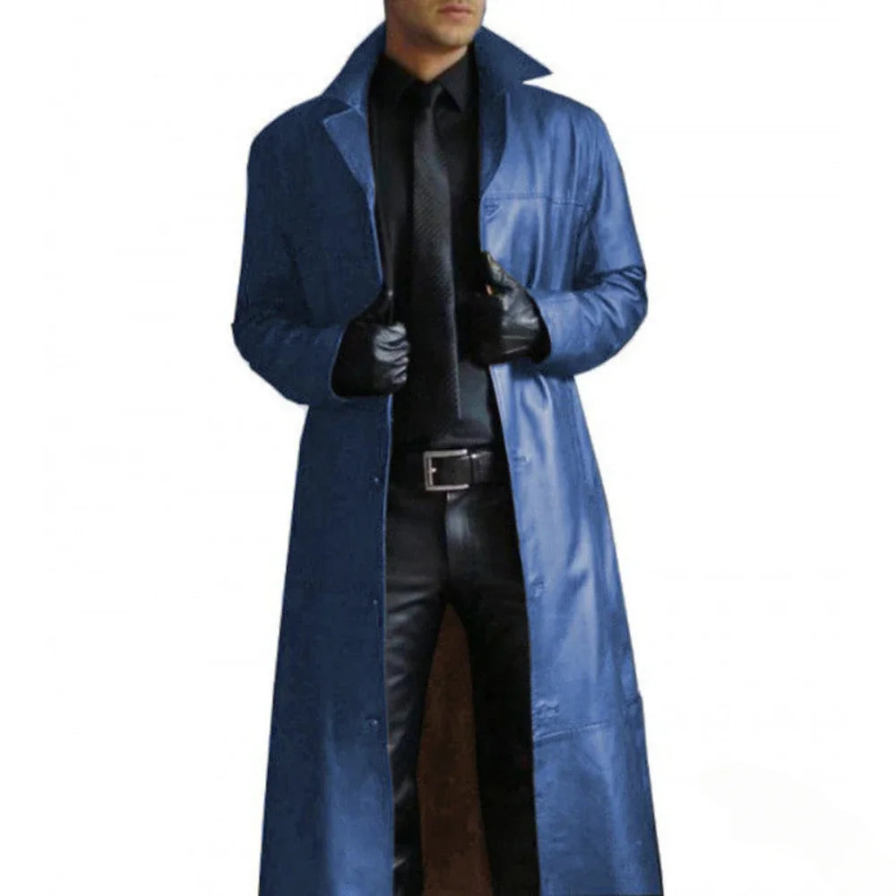 2026 New Men's Long Leather Jackets Goth Punk Button Trench Coat Solid Lapel Collar Long Pu Windbreaker Winter Leather Coats
