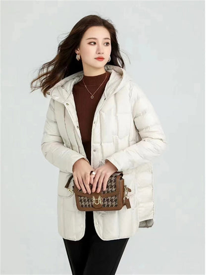 Autumn Winter Women Mid-Long Hooded Puffer Coat Ultra Light White Duck Down Jacket Female Single Breasted Parkas