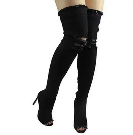 Summer Autumn Thigh High Boots Women Fashion Peep Toe Over The Knee Boots Blue Denim Jeans Zipper Long Boots Shoes Ladies