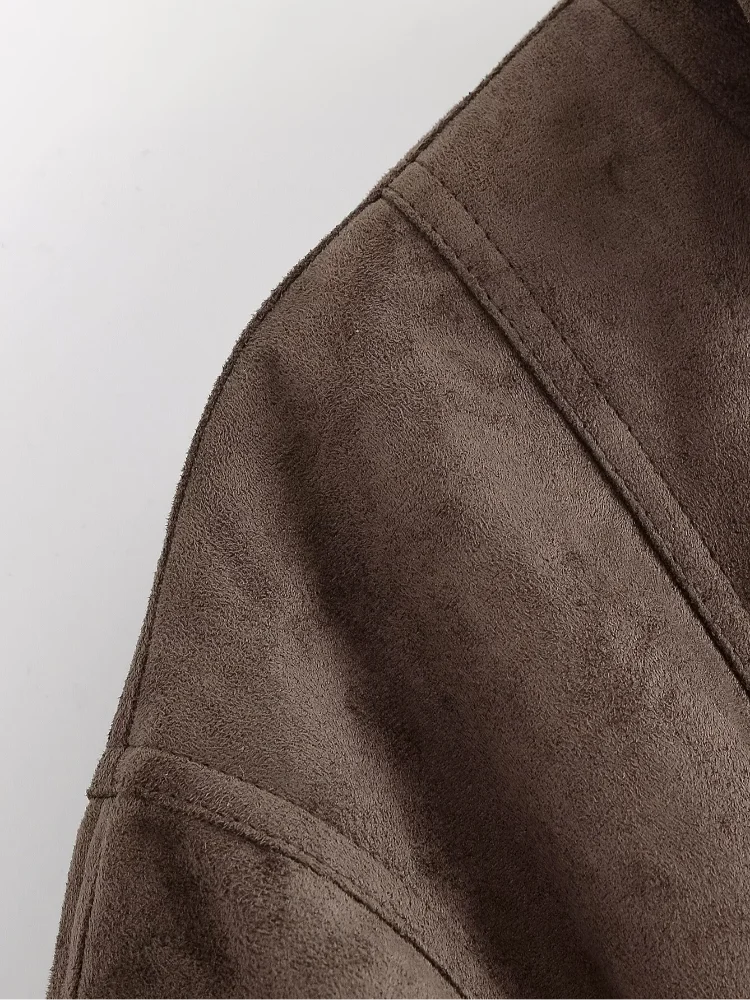 Women Brown Faux Suede Short Jacket Tie‑waist Long Sleeve Vintage Streetwear 2026 Lady New Autumn Winter Casual Outerwear Coat