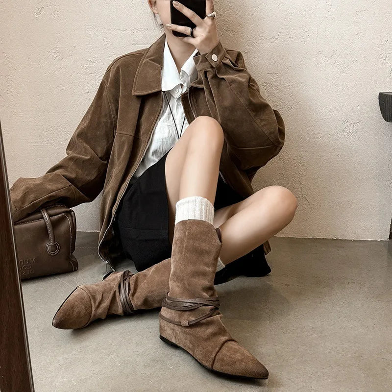 Arden Furtado Autumn Cow Suede Increased Internal Western Boots Pointed Toe Pleated Slip-On Middle Ankle Strap Short Boots