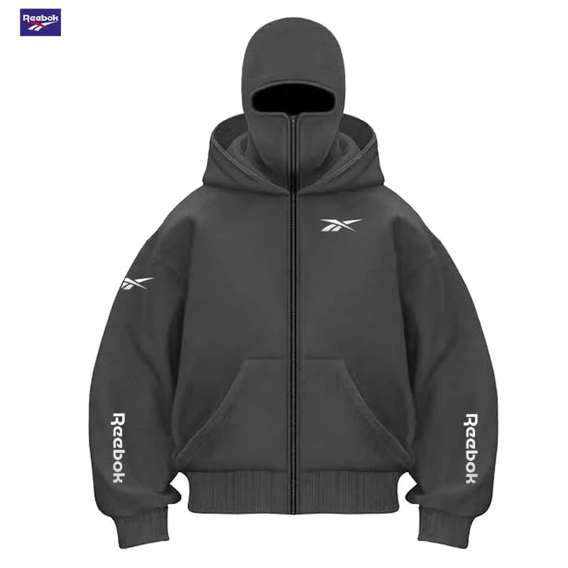 Reebok Men's New Fall/Winter Double-Pocket Hooded Sweater with Face Mask and Zipper Sports Outfit - Loose and Comfortable to Wea