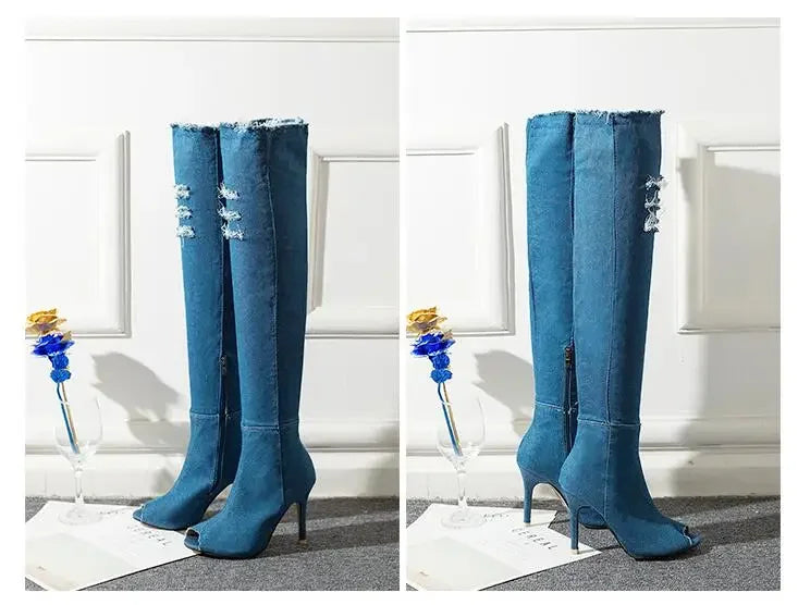 Summer Autumn Thigh High Boots Women Fashion Peep Toe Over The Knee Boots Blue Denim Jeans Zipper Long Boots Shoes Ladies