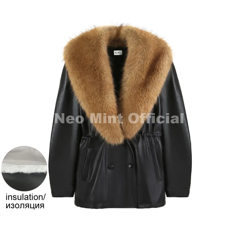 Neo Mint Luxury Brand Fashion Design Black Long Faux Leather Coat Women Detachable Fur Collar Oversized PU Leather Jacket Blazer
