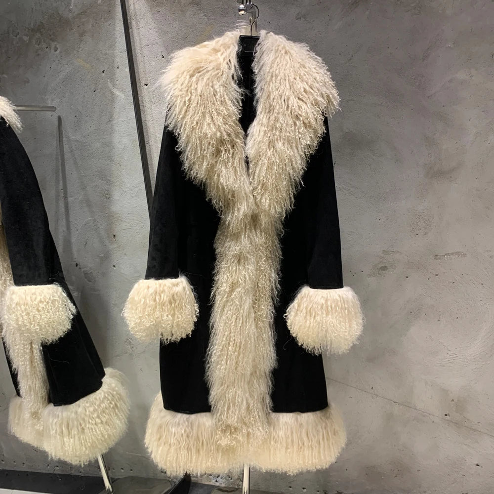 Suede Coat Fur Collar Women Autumn Genuine Sheepskin Coat Long with Mongfolian Fur Trim