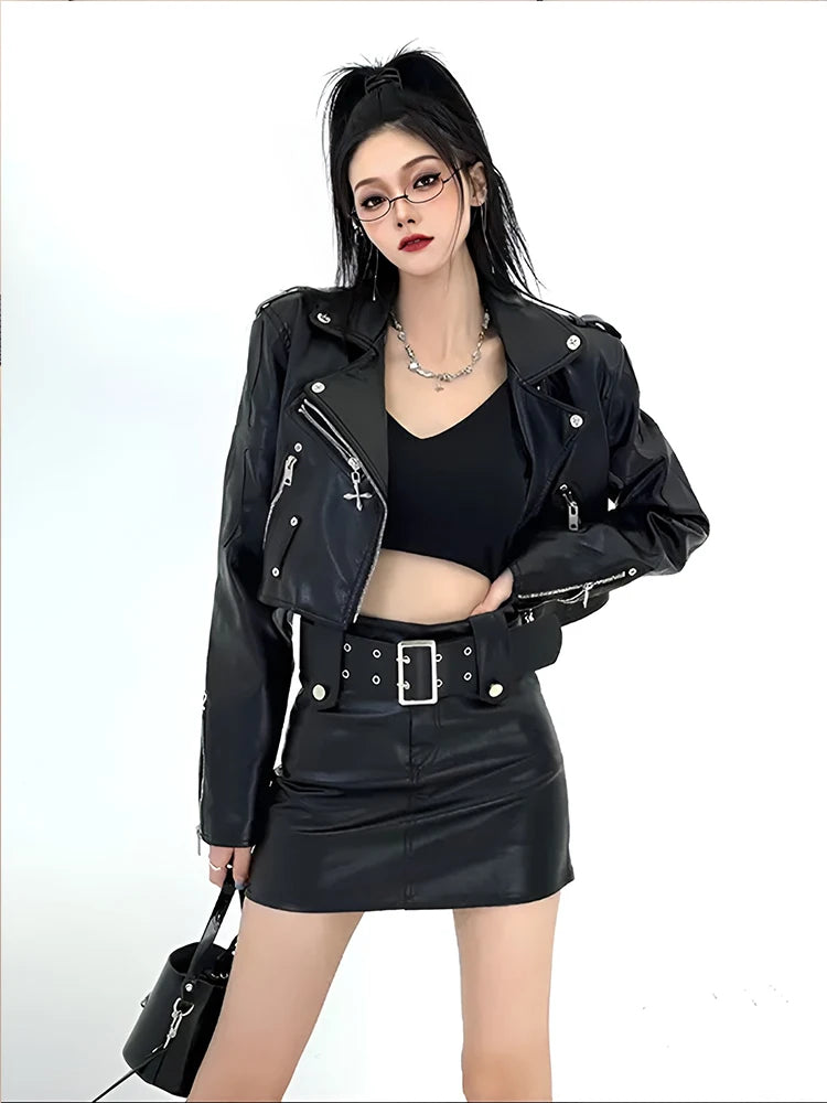 Sweet Cool Moto&Biker Pu Leather Jacket Fashion Street 2026 Black Coat Women Spring Autumn New Slim Fit Short Tops Mujer