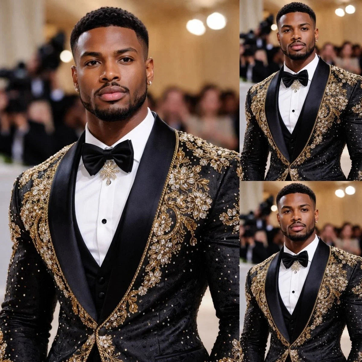 Black Shawl Lapel Men Tuxedo Luxury Gold Floral Rhinestone Embroidery Groom Wedding Suit Met Gala Red Carpet Formal Party Blazer