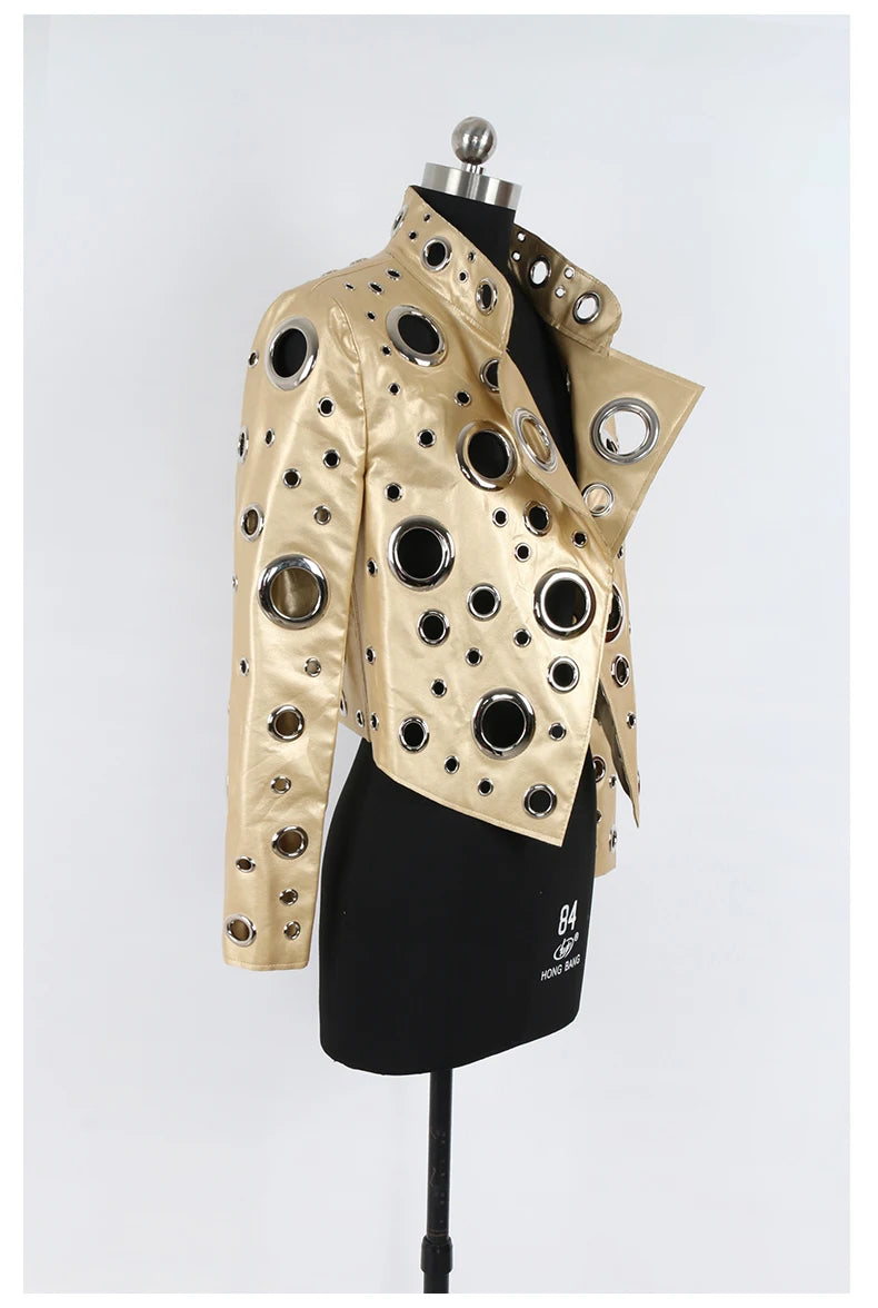 Nerazzurri Spring Autumn Short Hollow Out Pu Leather Jacket Women Rivet Cool Stylish Luxury Designer Clothes Runway Fashion 2024