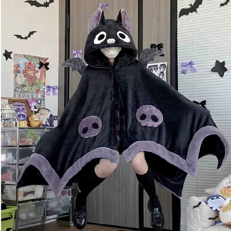 Kawaii Cartoon Bat Y2k Cute Blanket Plush Pajamas Anime Cosplay Cape Costume Halloween Theme Party Women's Hooded Cape 2025 New