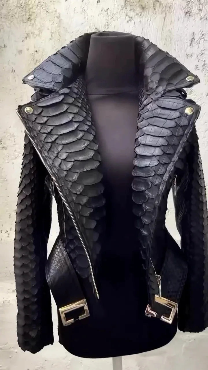 Autumn and winter women's PU leather black imitation snakeskin leather locomotive jacket jacket
