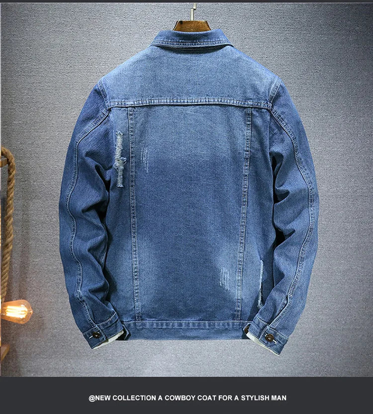 QICHE New Spring Autumn Men Light Blue Slim Denim Jacket Distressed Ripped Casual Outerwear
