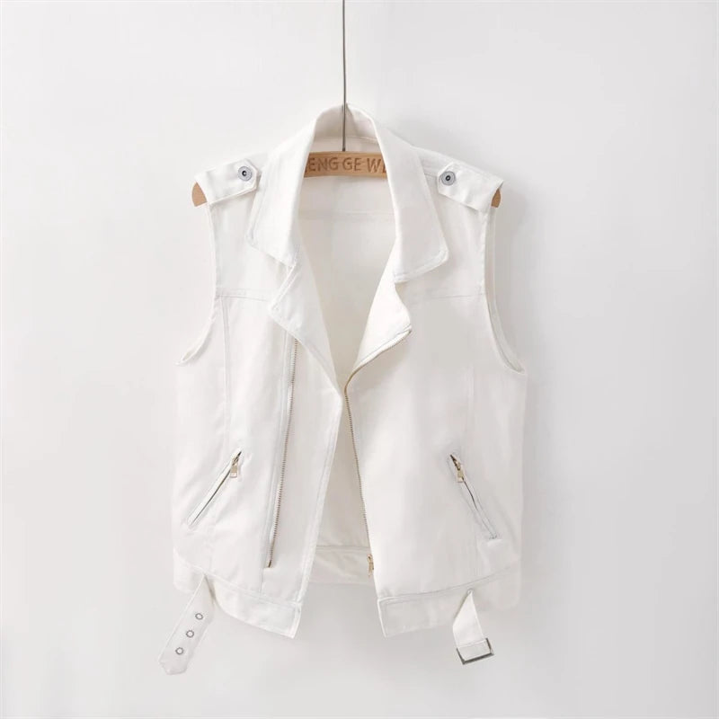 2025 New Women's Denim Tank Top Jacket Fashion Spring Summer Zipper White Sleeveless Tank Tops Female Jeans Coat