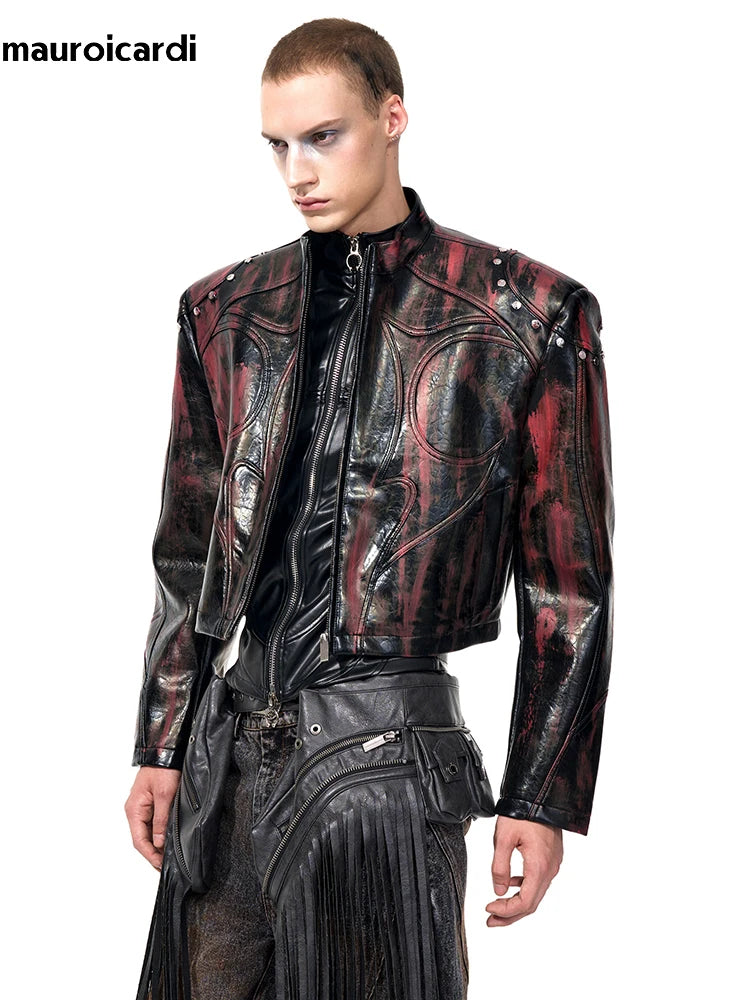 Mauroicardi Spring Autumn Short Pu Leather Motorcycle Jacket Men Rivet Zipper Shoulder Pads Luxury Designer Streetwear Clothing