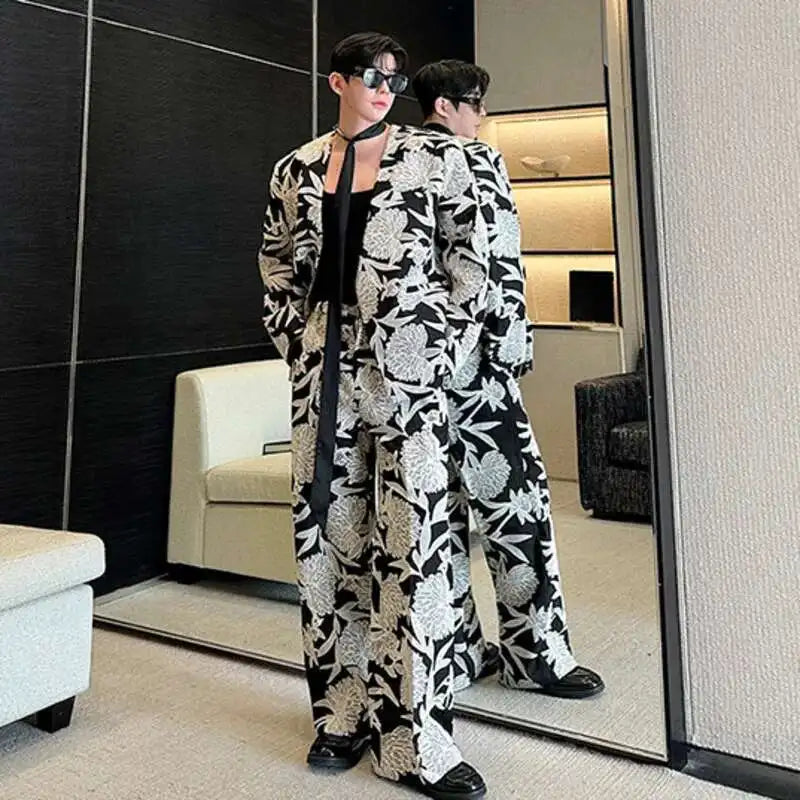IEFB Niche Design Men's Two-piece Collarless Embroidery Blazer Loose Straight Suit Pants Contrast Color Male Sets New 9C7485