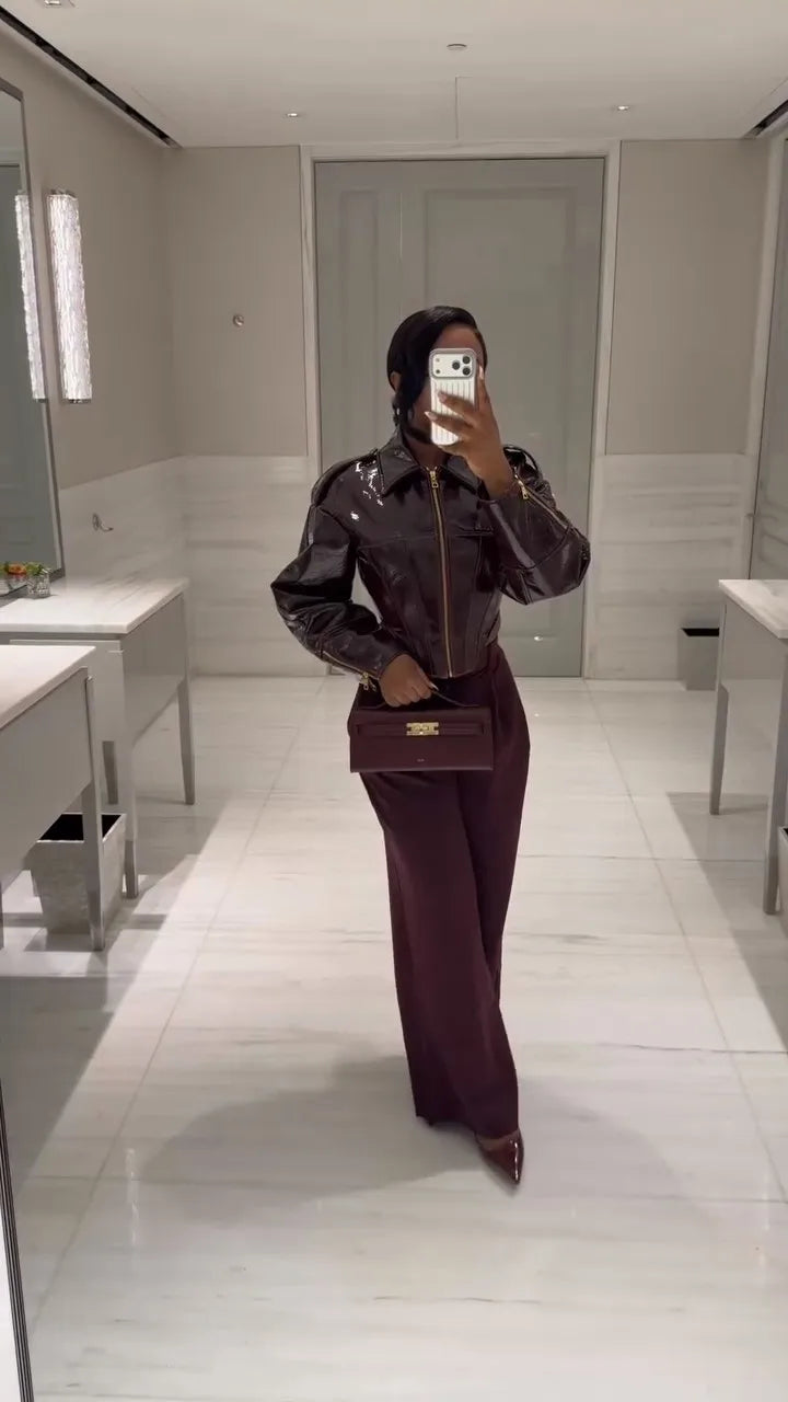 Fashion Coated Cinched-waist Leather Jacket Women Retro Lapel Full Sleeve Zipper Fishbone Coats 2026 Lady Daily Highstreet Coat