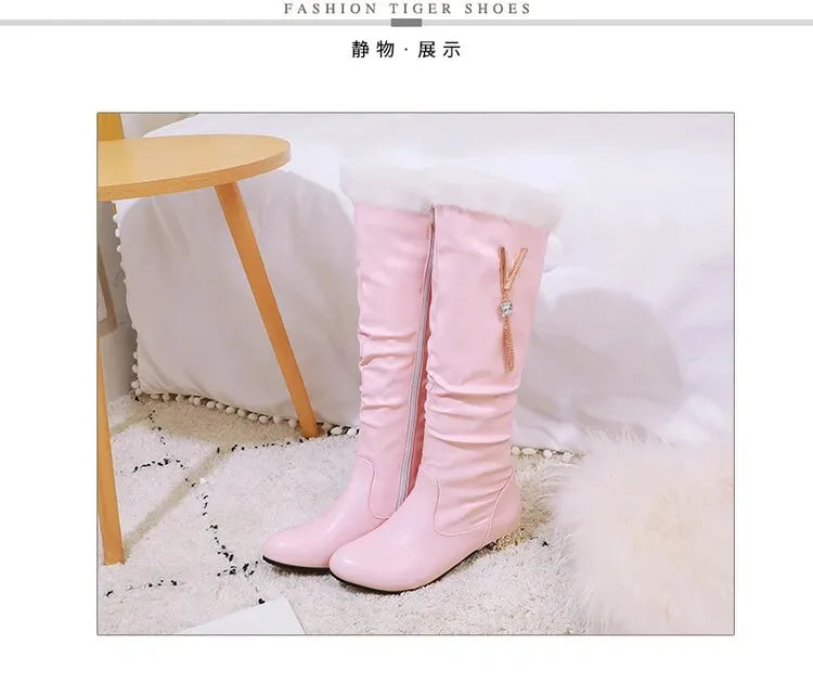 Winter Warm Knee High Boots Women Platform Wedges High Heels Snow Boots Slip on Winter Ladies Shoes White Black Pink 2025