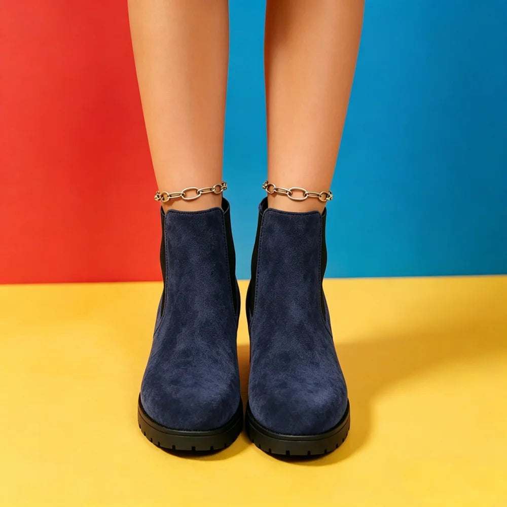 Women Suede Chelsea Boots Thick Sole Elastic Side Non Slip Casual Footwear All Season Daily Wear Comfortable Fit Chunky Design