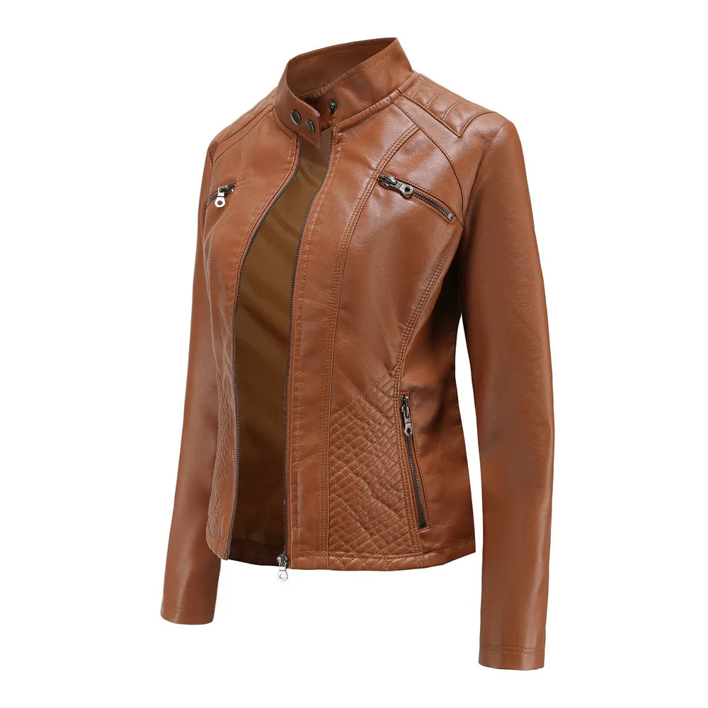 Ladies casual stand-up collar jacket Slim models women's spring and autumn solid color women's leather jacket
