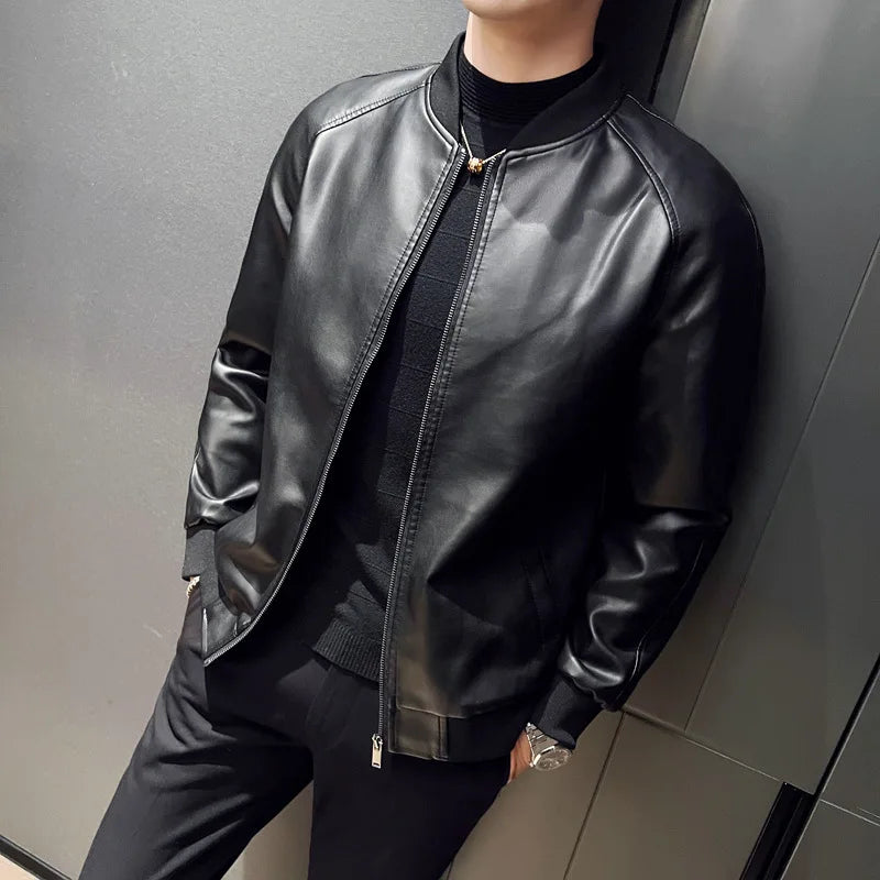 New Men's Faux Leather Jacket Motorcycle Biker Coat Stand Collar Zipper Slim Fit Casual Streetwear Outerwear