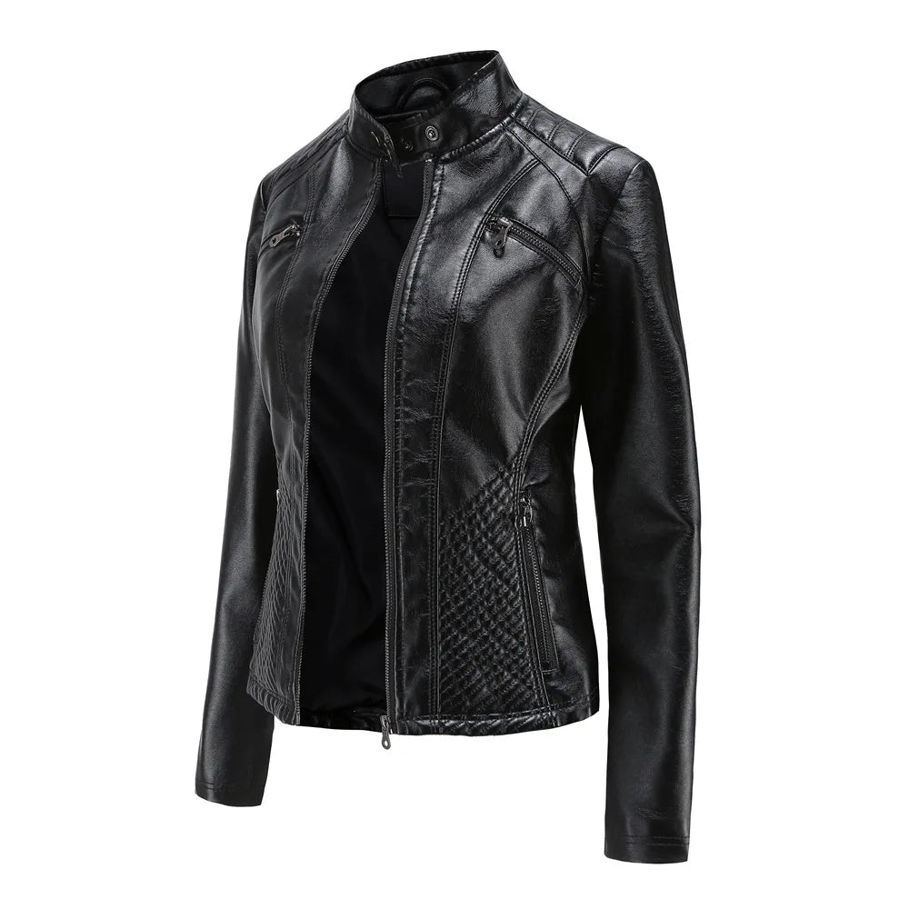 Ladies casual stand-up collar jacket Slim models women's spring and autumn solid color women's leather jacket