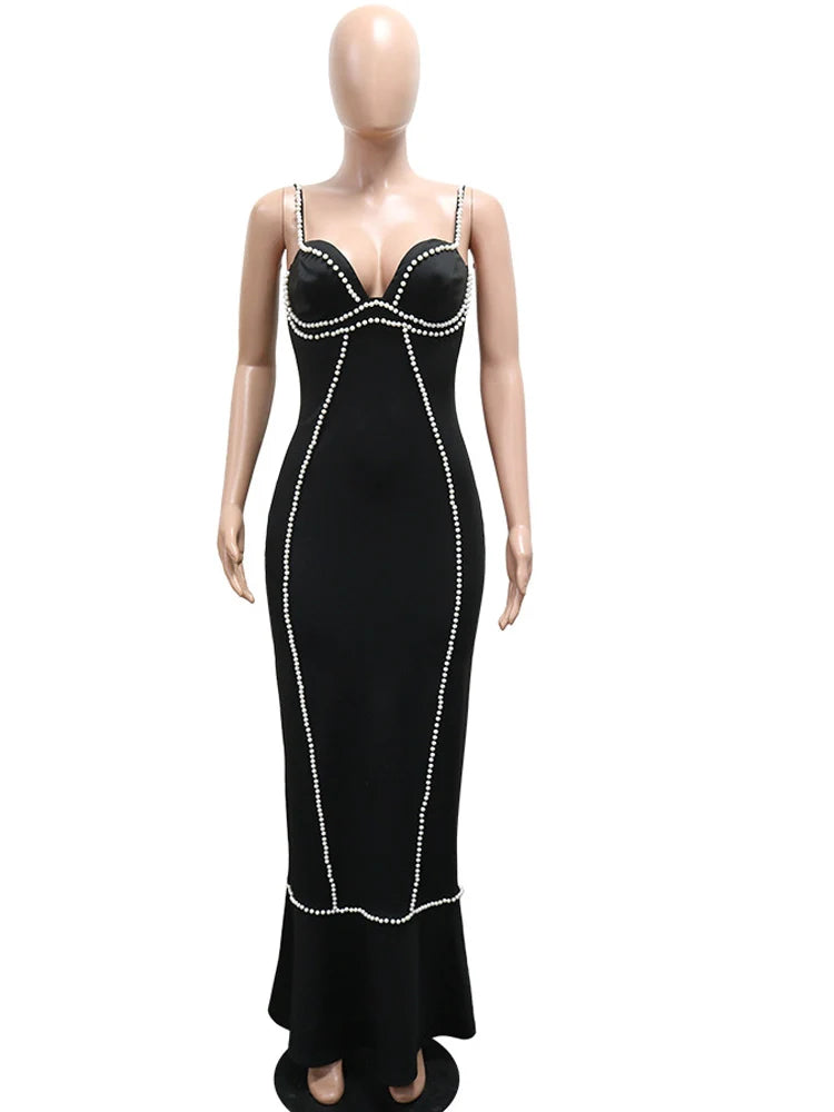 Bonnie Forest Pearl Beaded Bandage Dress Women Elegant Bodycon Sexy V Neck Mermaid Maxi Dress Party Club Outfits