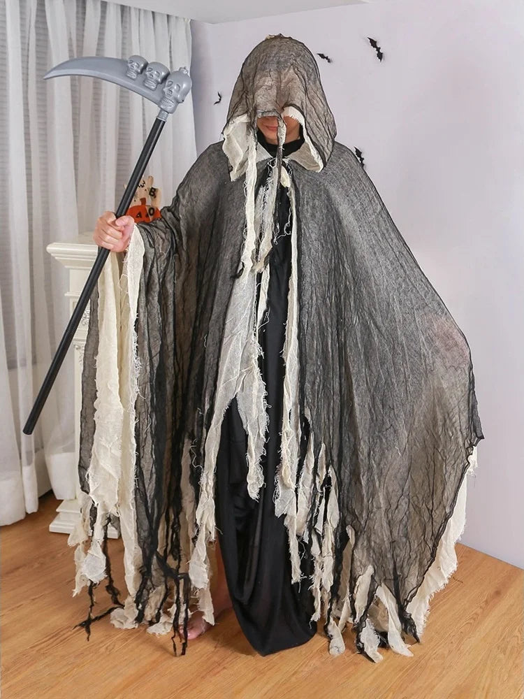 Horror Grim Reaper Cosplay Set Fringed Worn Hooded Cloak Disassemble Skull Scythe Prop For Halloween Party Dress Up