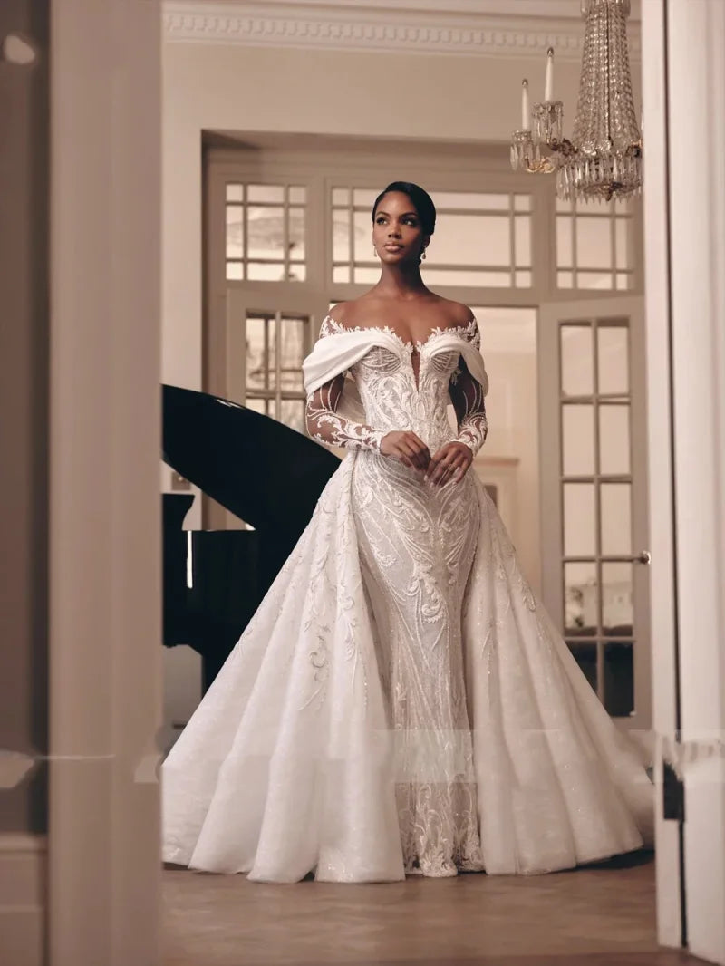 Luxury Lace Mermaid Wedding Dress Off Shoulder Long Sleeve Deep V-neck Detachable Tail Elegant Shining Wedding Dress Custom