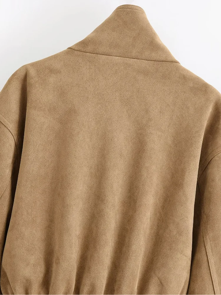 Women Brown Faux Suede Short Jacket Tie‑waist Long Sleeve Vintage Streetwear 2026 Lady New Autumn Winter Casual Outerwear Coat