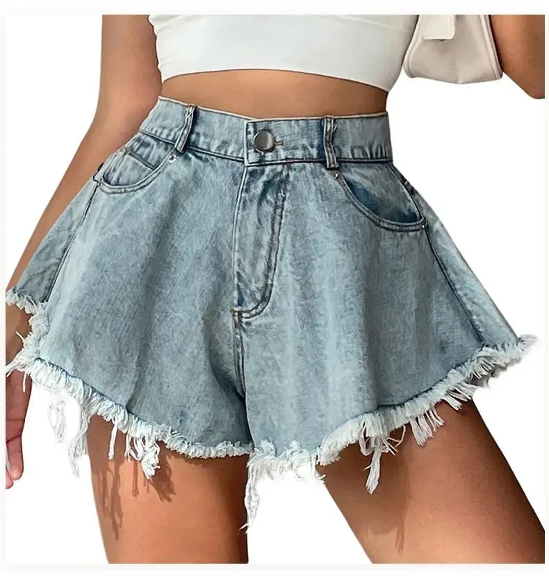 Wide Leg Shorts Women Y2k Denim Frayed Sexy Girls High Waist Hotsweet All-match Vintage Fashion Pockets European Style Females