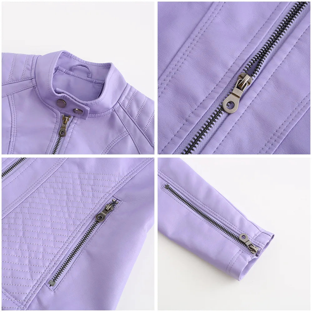 Ladies casual stand-up collar jacket Slim models women's spring and autumn solid color women's leather jacket