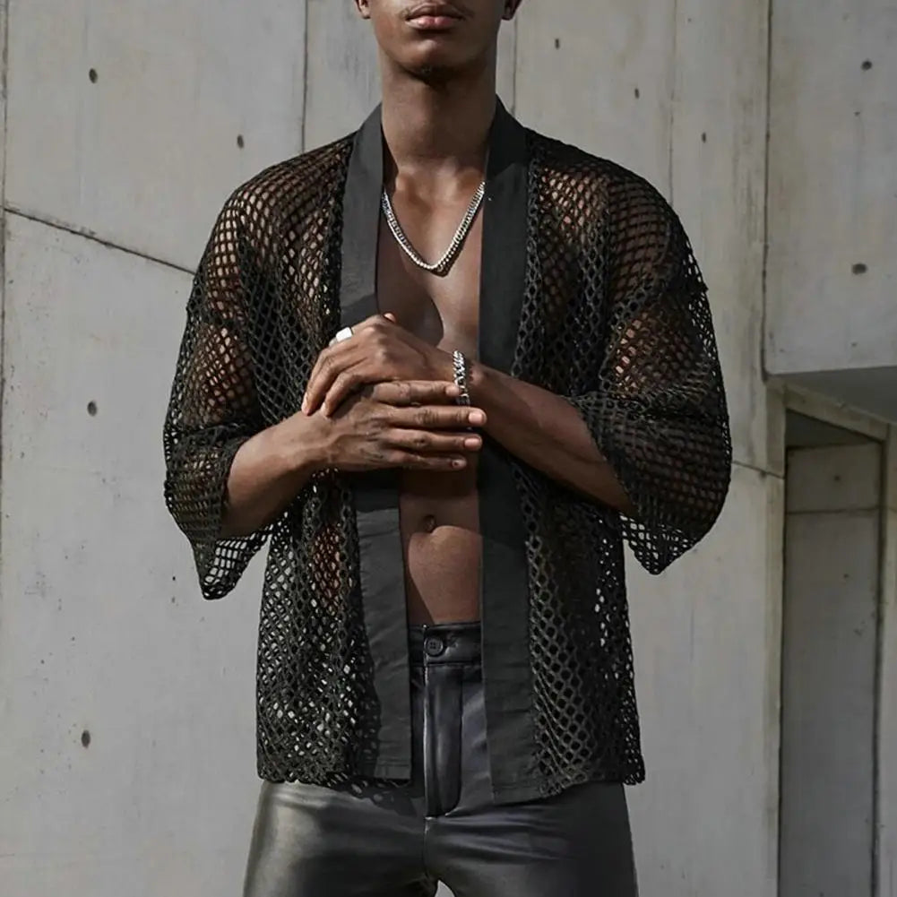 Men Party Cardigan Stylish Solid Color Mesh Hip Hop Streetwear Men Party Cardigan Men Garment  Men Club Shirt  Men Shirt Coat