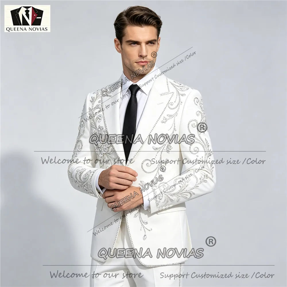 Unique Design Men's Suit Gold Diamond Beaded Jacket Pants 2 Pieces Sets Double Breasted Groom Wedding Tuxedos Male Fahion Outfit