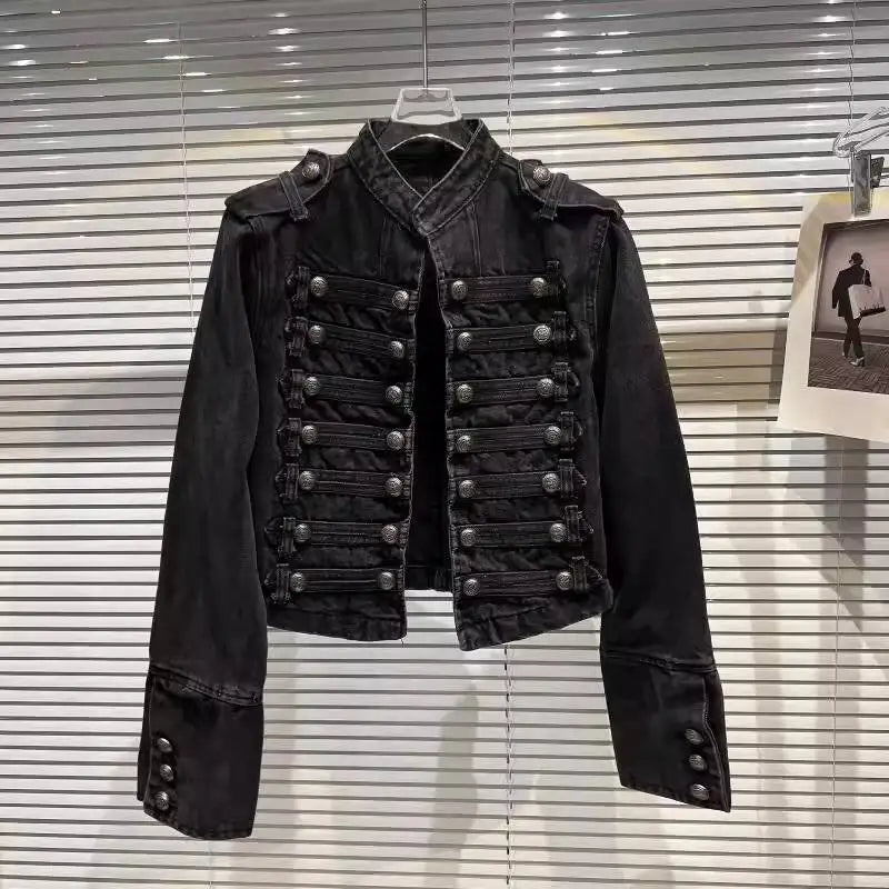 DEAT 2026 Autumn New Fashion Metal Buckle Design Shoulder Strap Denim Short Jacket For Women High Street Coat Female 11A06995