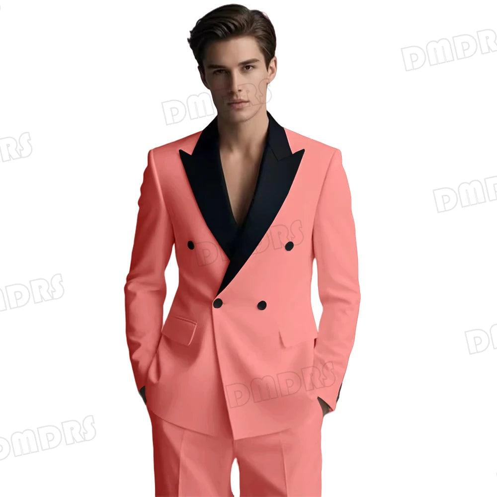 Slim Fitting White Suit Set for Men, Black Collar, 2 Pieces Formal Suits, Wedding Tuxedo, Customized Colors Blazer and Pant Set