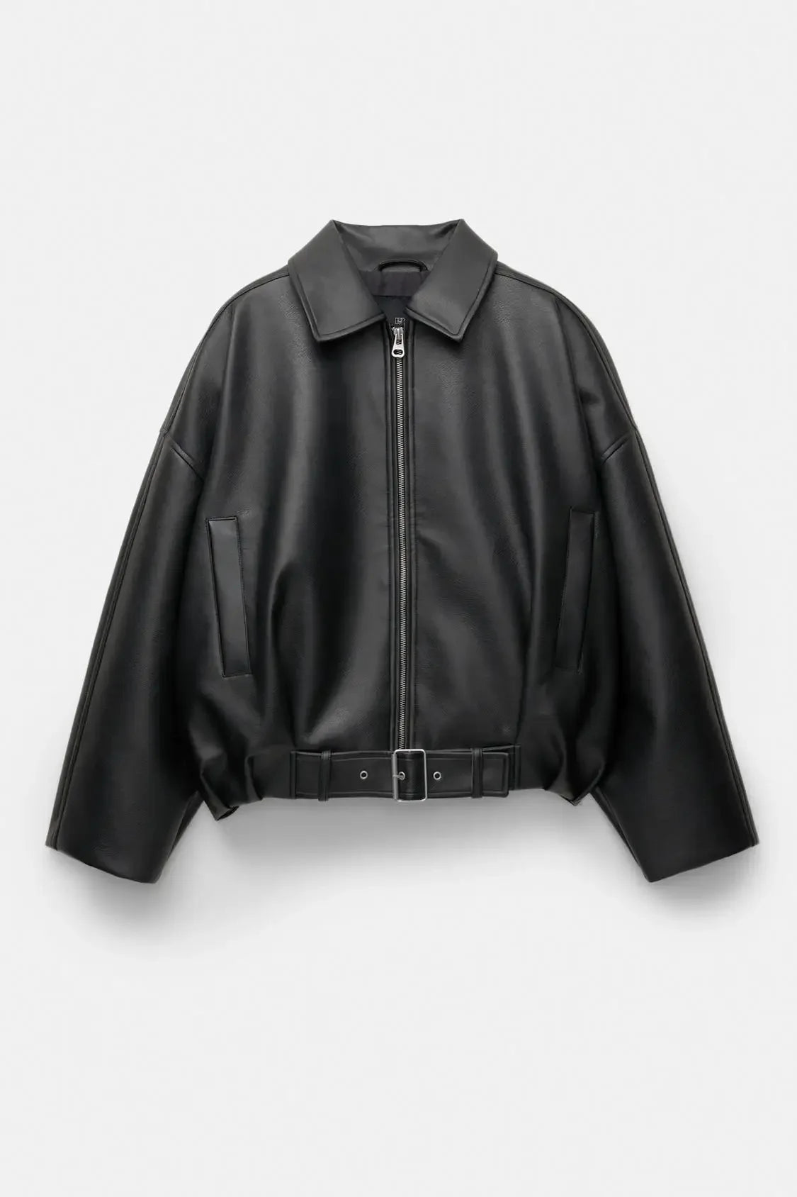 Casual Lapel Zipper Waist Belt Short Leather Jacket 2026 Women Loose Solid Pocket Pu Coat Autumn Lady Daily Highstreet Jackets