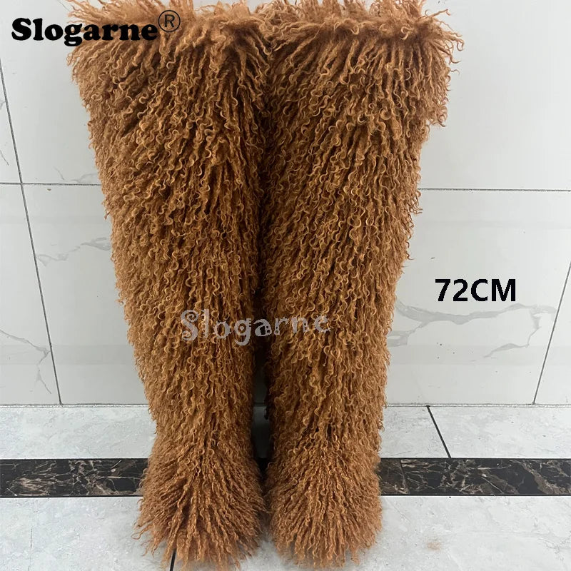New Over The Knee Fur Boots Women Warm 72CM Long Faux Mongolian Fur Snow Boots Winter Luxury Fluffy Shoes Plush Platform Shoes