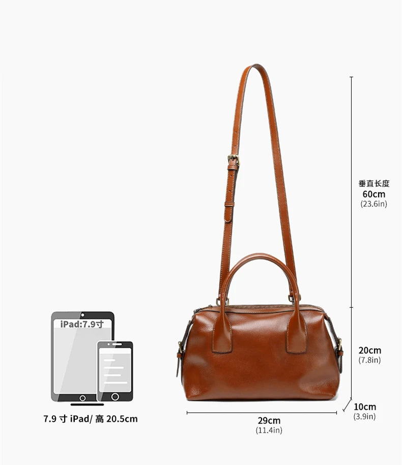 BURMINSA Genuine Cowhide Leather Handbags For Women Retro Pillow Top Handle Bags Bowling Daily Work Crossbody Shoulder Purses