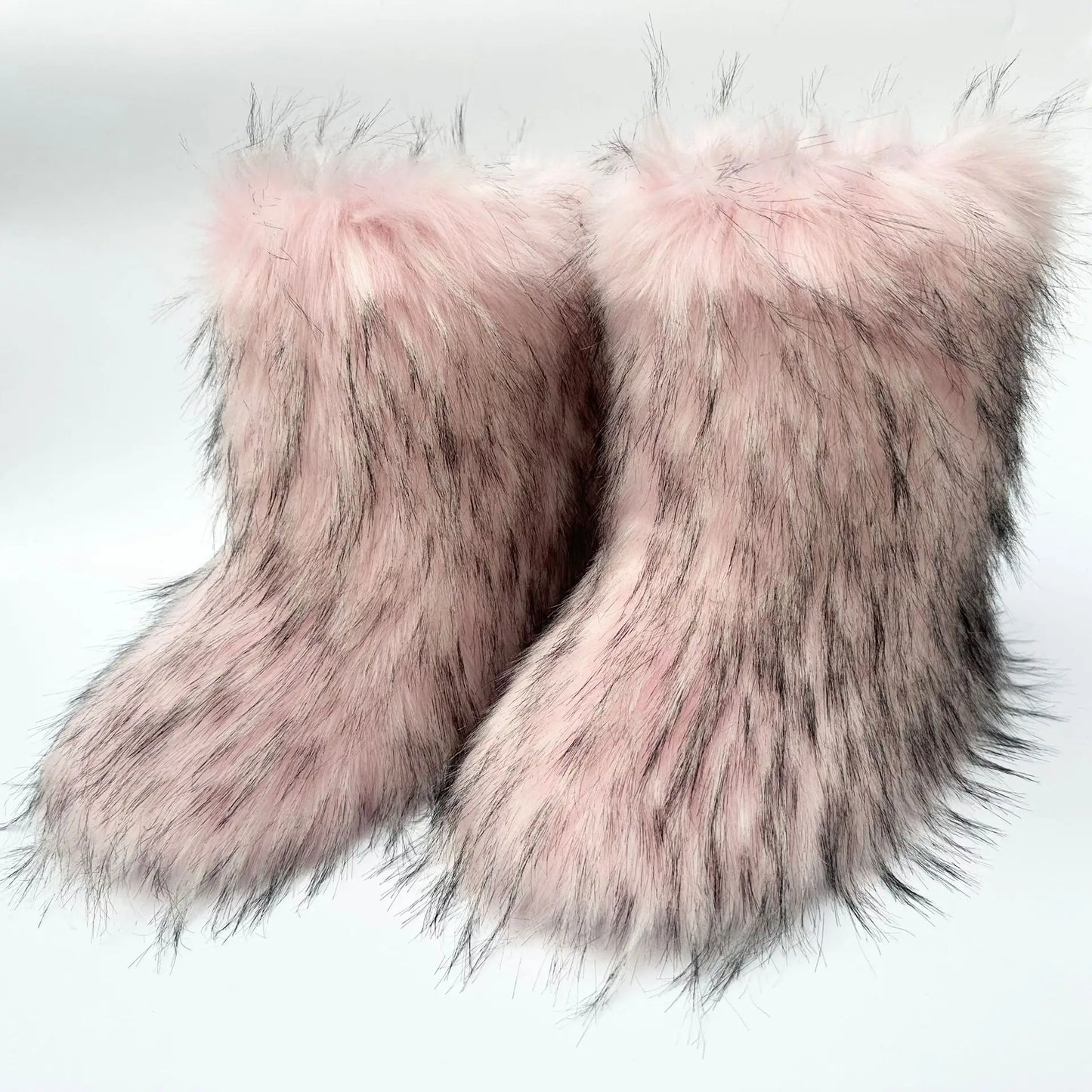 Cute High Quality Faux Raccoon Fox Fur Shibuya Gal Thickened Plus Size Mid-Calf Faux Fur Warm Winter Snow Boots for Women